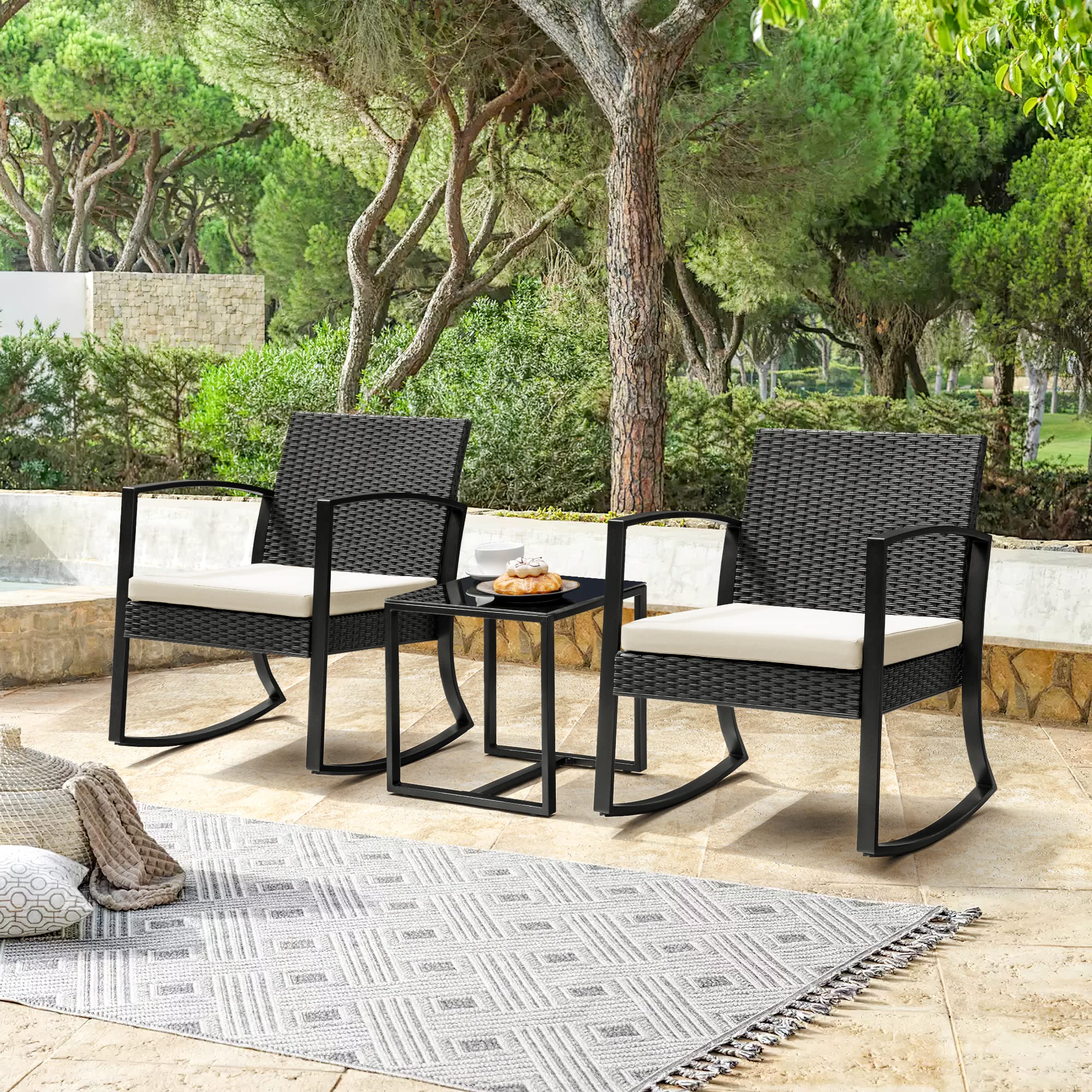 Devoko 3-Piece Outdoor Patio Porch Bistro Rocking Chair Furniture Set